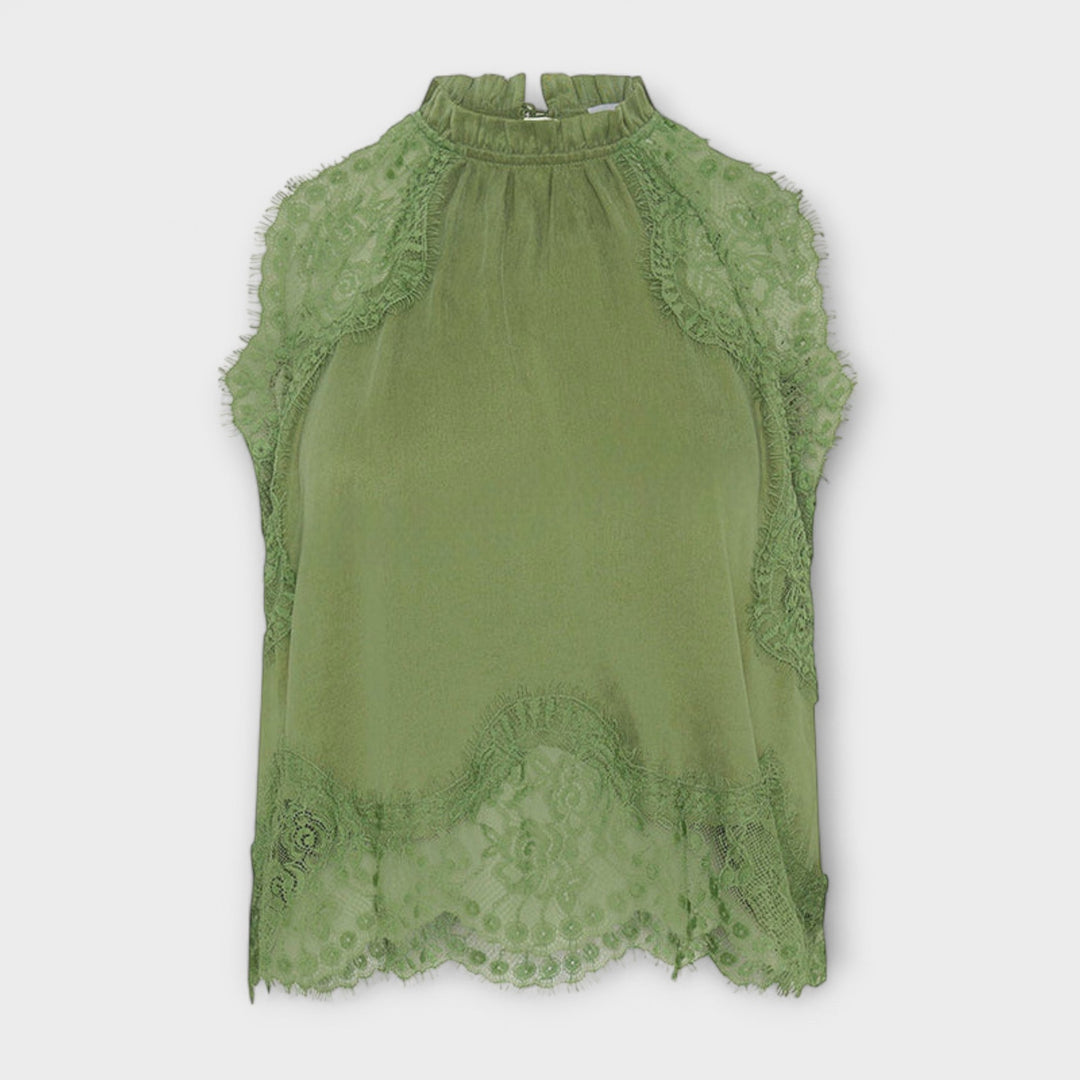 Kaia  ｜ Saténová blúzka s čipkovým lemom a plisovaným výstrihom v sade