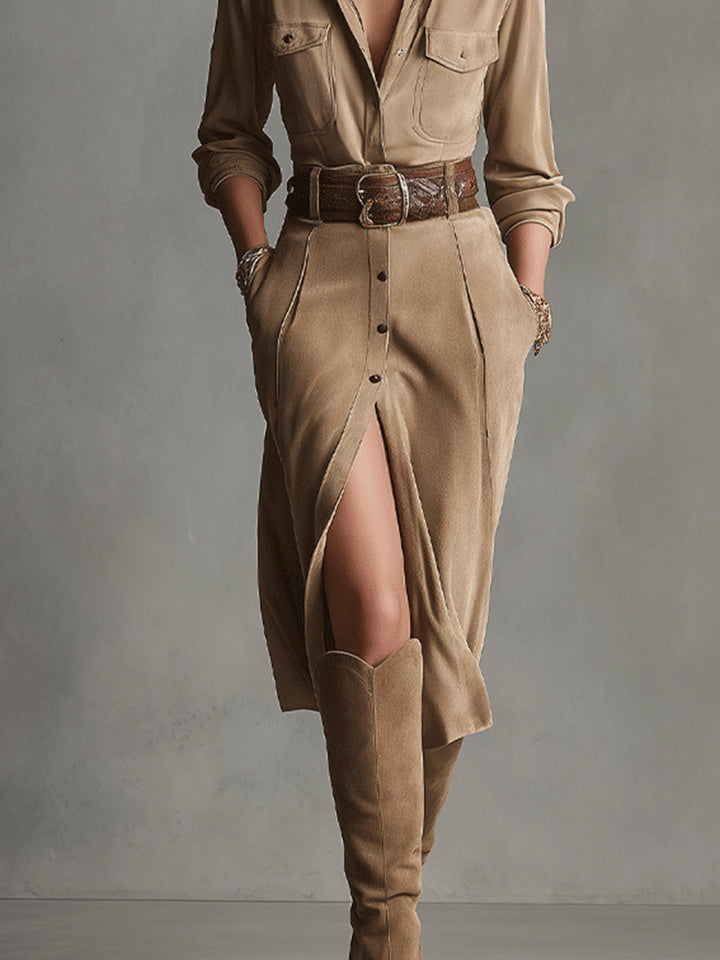 Dámska hnedá módna midi sukňa zo zamatu