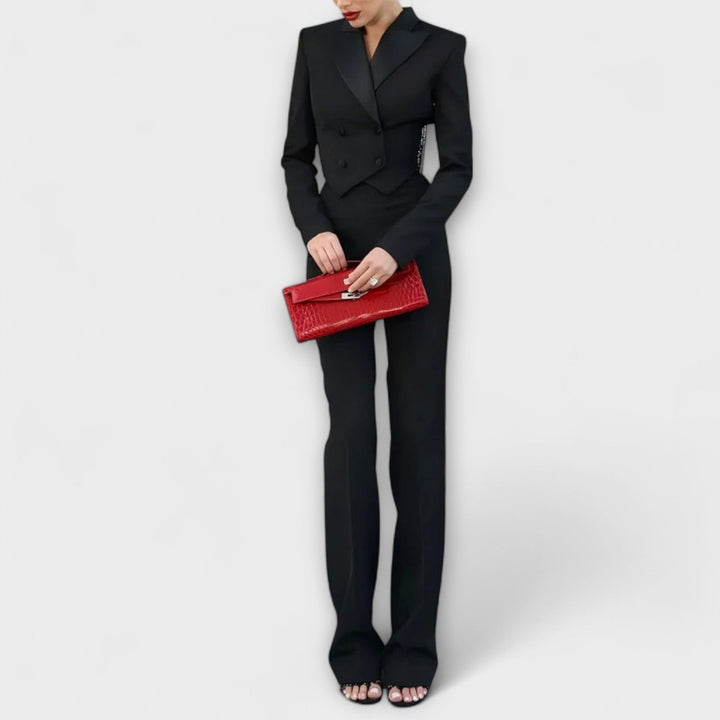 Noa  ｜ Čierny sako set s perličkami a odhaleným chrbtom