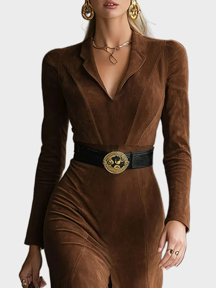 Retro západný štýl goliera z faux zamšu, midi s rozparkom