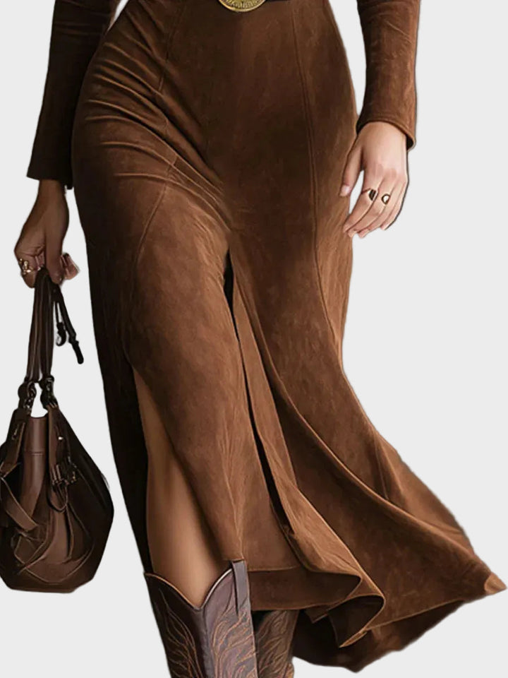 Retro západný štýl goliera z faux zamšu, midi s rozparkom