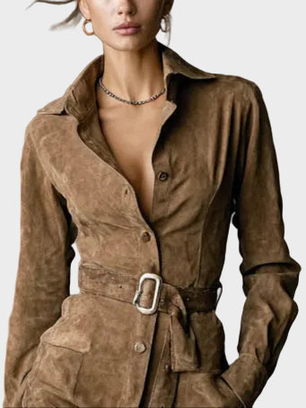 Zamszová midi sukňa s dlhým rukávom a golierom