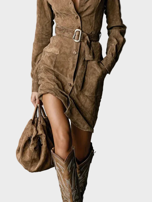 Zamszová midi sukňa s dlhým rukávom a golierom