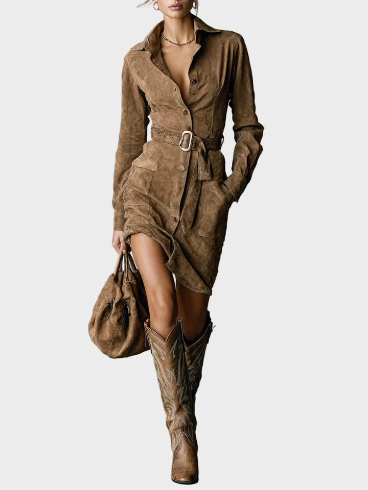 Zamszová midi sukňa s dlhým rukávom a golierom