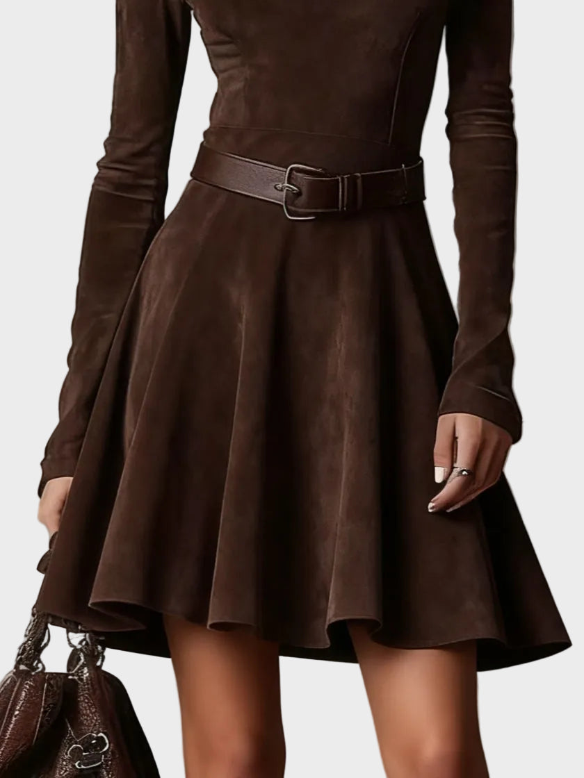 Vintage Hnedá Sukienka z Zamszu s Golierom