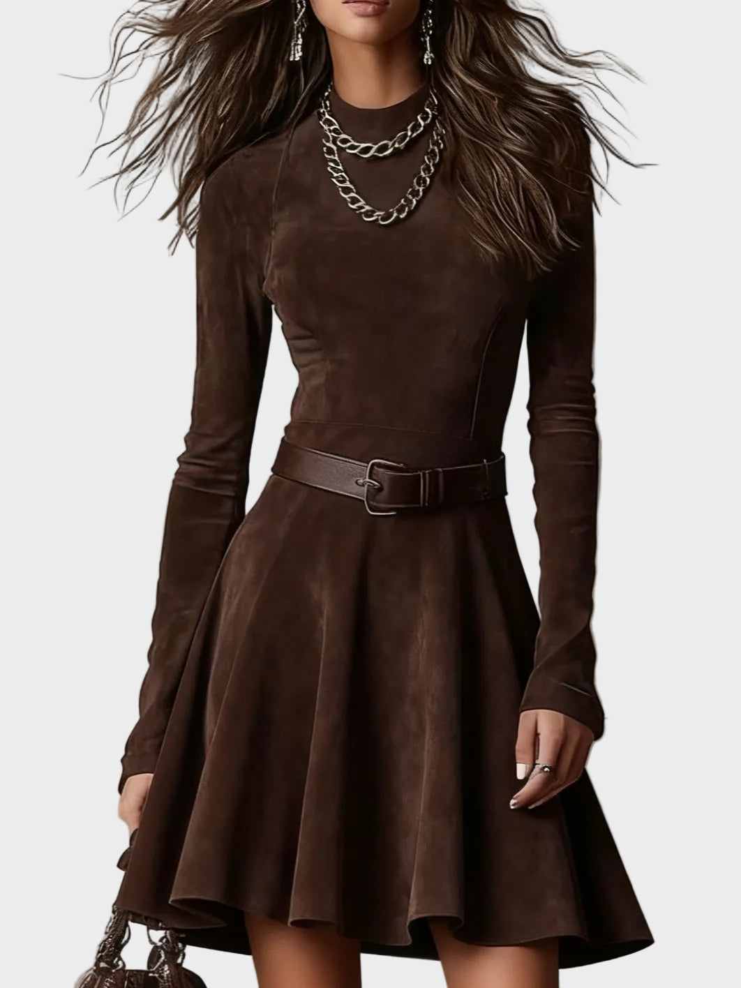 Vintage Hnedá Sukienka z Zamszu s Golierom