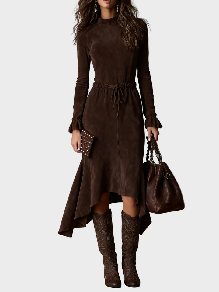 Elegantná Midi Šaty z Semišu v Tmavej Hnedej s Viazaním