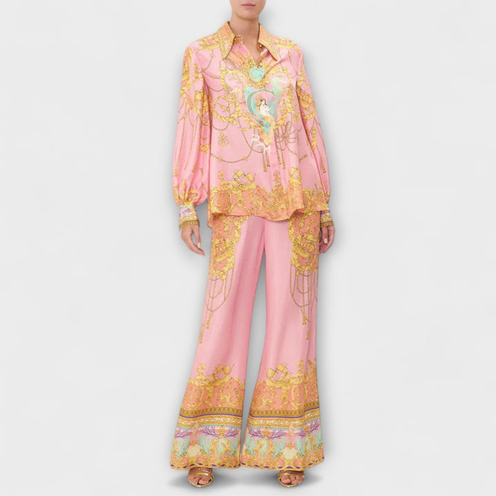 Sage  ｜ Uvoľnená košeľa s morskou pannou a elastické nohavice s vysokým pásom