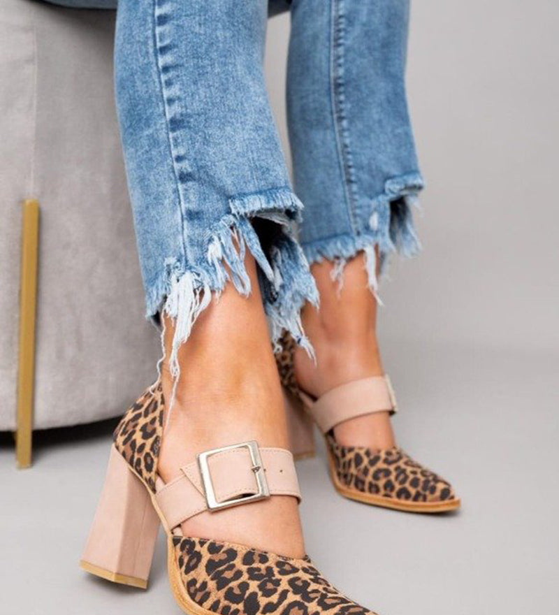 Selveta | Suede šľapky s leopardím vzorom a stabilnými podpätkami