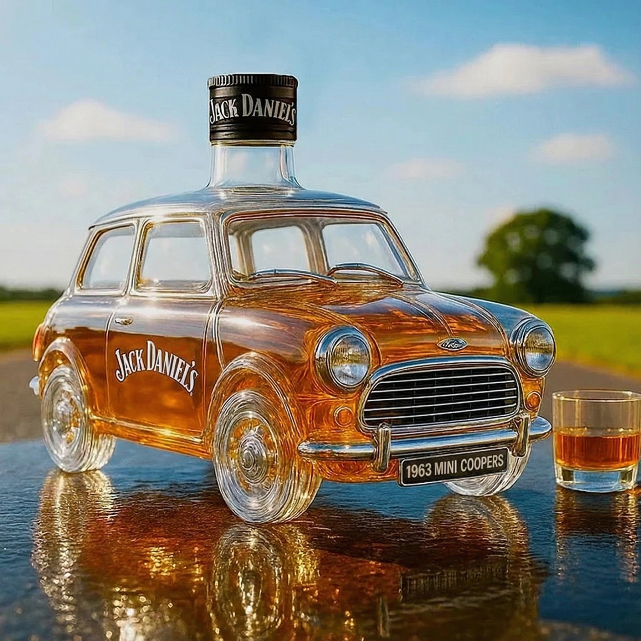 Retro fľaša na whiskey v tvare auta Cooper