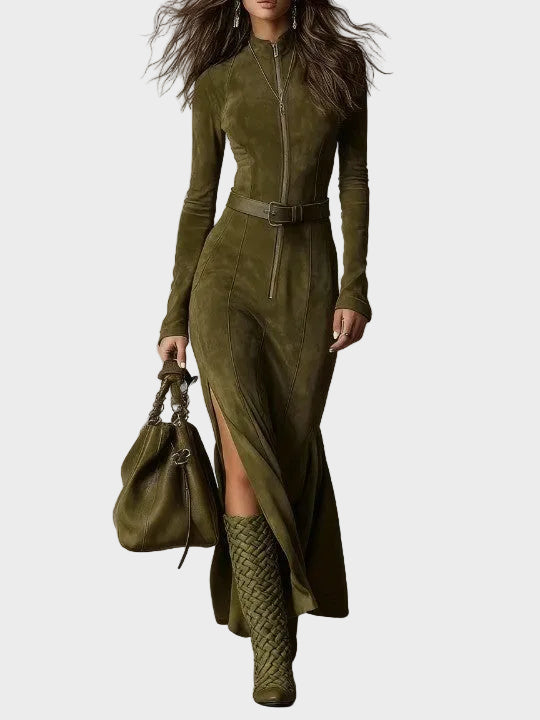 Adrianna - Hnedá zamatová maxi šaty s opaskom a zipsom