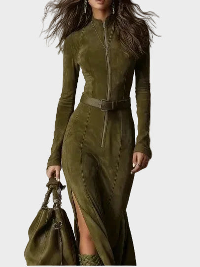 Vintage Zelená Maxi Šaty so Zipsom a Pásikom