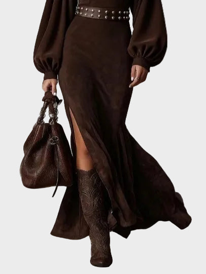 Retro dlhá sukňa s dlhým rukávom a polvýstrihom