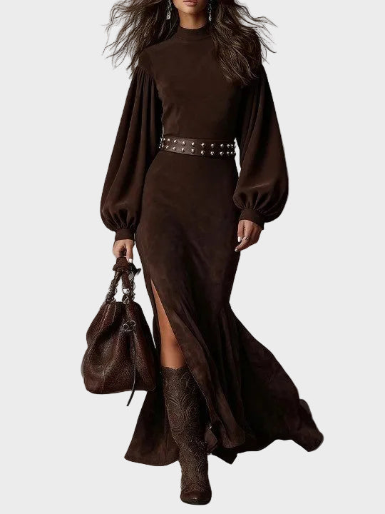 Retro dlhá sukňa s dlhým rukávom a polvýstrihom