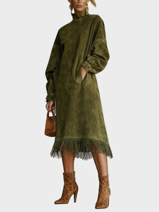 Šaty z Suede s Golierom a Strapcami
