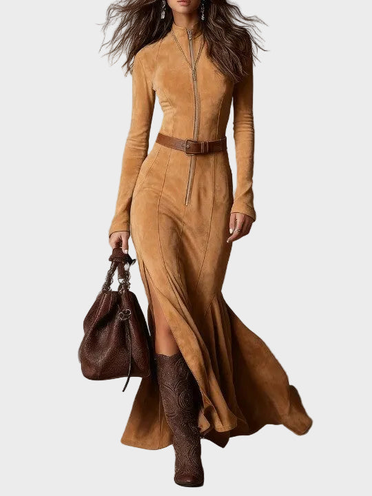 Adrianna - Hnedá zamatová maxi šaty s opaskom a zipsom